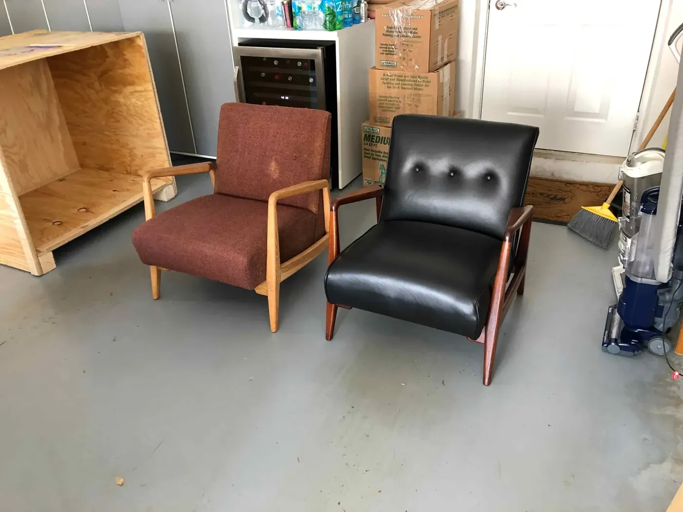 Mid-century lounge chairs being reupholstered in the workshop