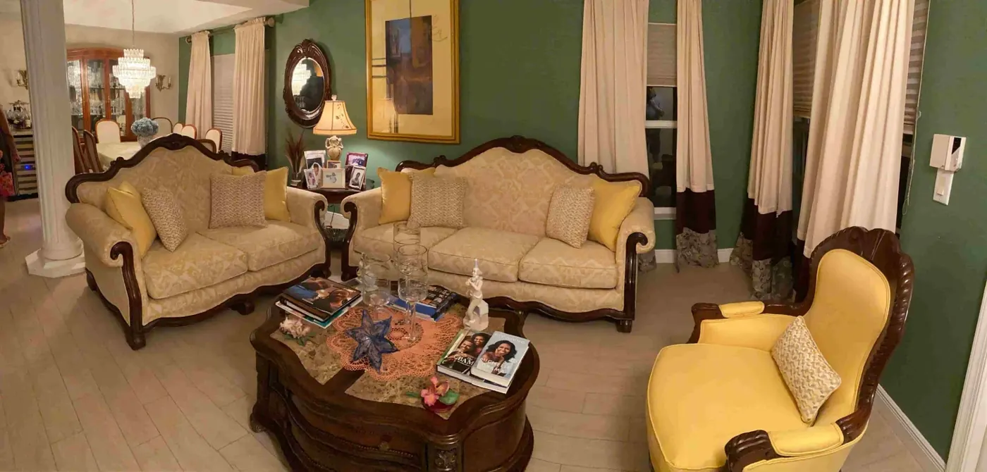 Traditional living room set reupholstered in gold fabric